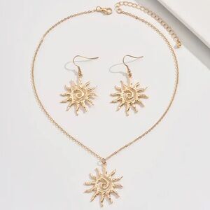 Gold Sun Pendant Necklace and Earring Set
